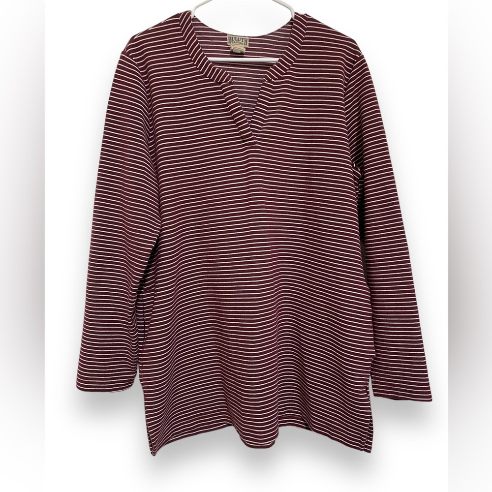 DULUTH Women's Ponte Pro Jersey Tunic Top Burgundy Red Stripe Tunic Pockets XL
